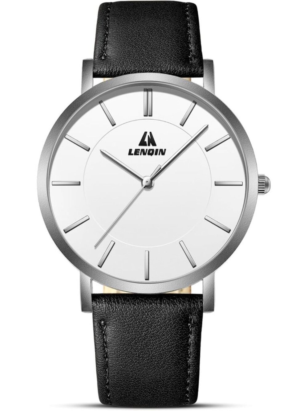 LN LENQIN Men's Black Silver White Analog Quartz Leather Strap Wrist Watch